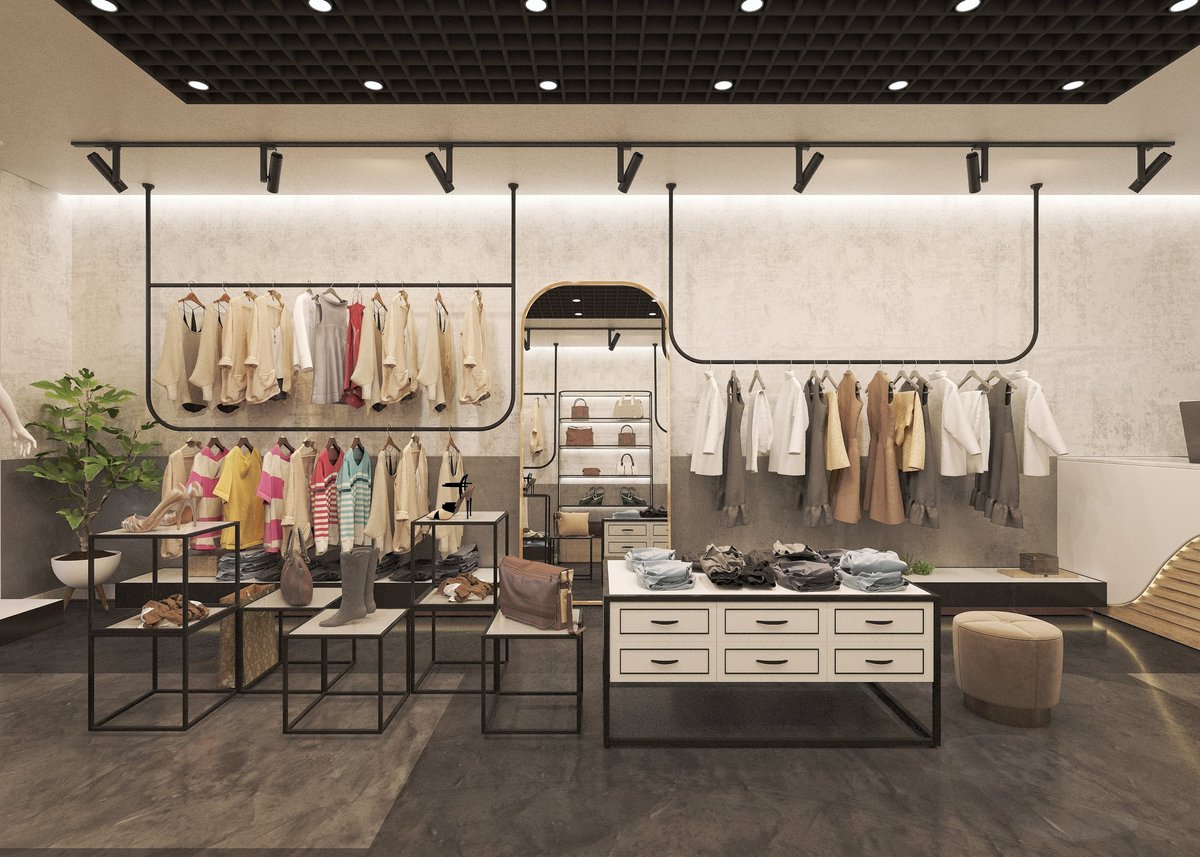 Modern fashion retail store interior with clothing displays